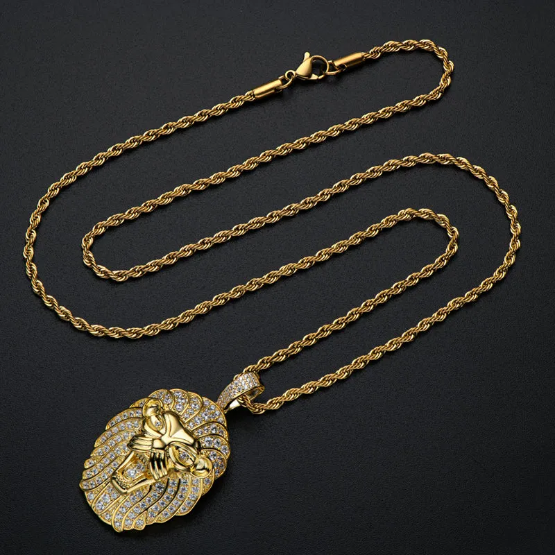 Created Diamond Domineering Lion Rope Chain Hip Hop Pendant Necklace