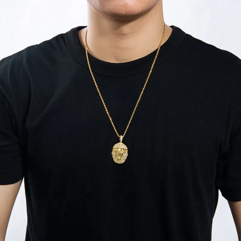 Created Diamond Domineering Lion Rope Chain Hip Hop Pendant Necklace