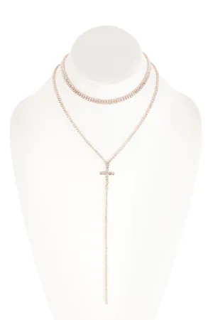 Cross 2 Layered Rhinestone Necklace Crystal Gold - Pack of 6