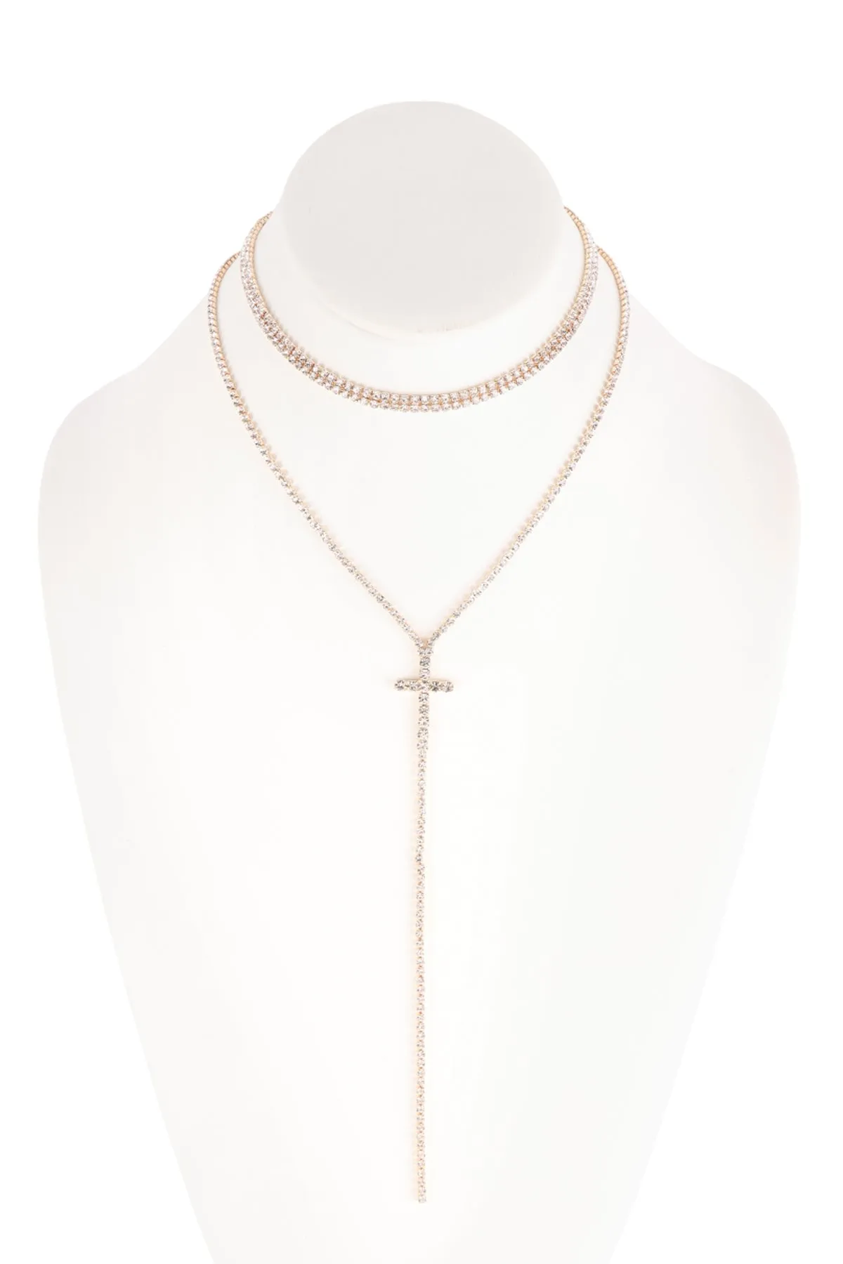 Cross 2 Layered Rhinestone Necklace Crystal Gold - Pack of 6