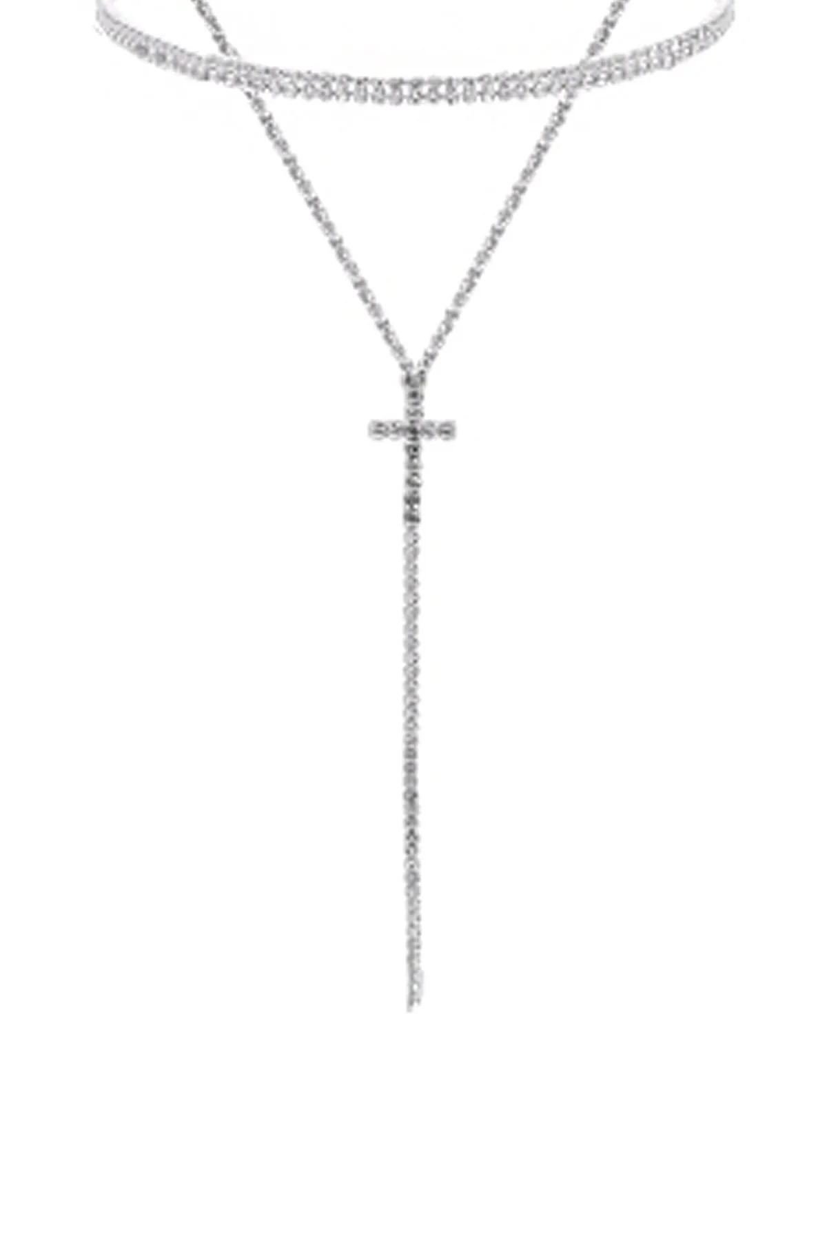 Cross 2 Layered Rhinestone Necklace Crystal Silver - Pack of 6