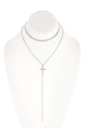 Cross 2 Layered Rhinestone Necklace Crystal Silver - Pack of 6