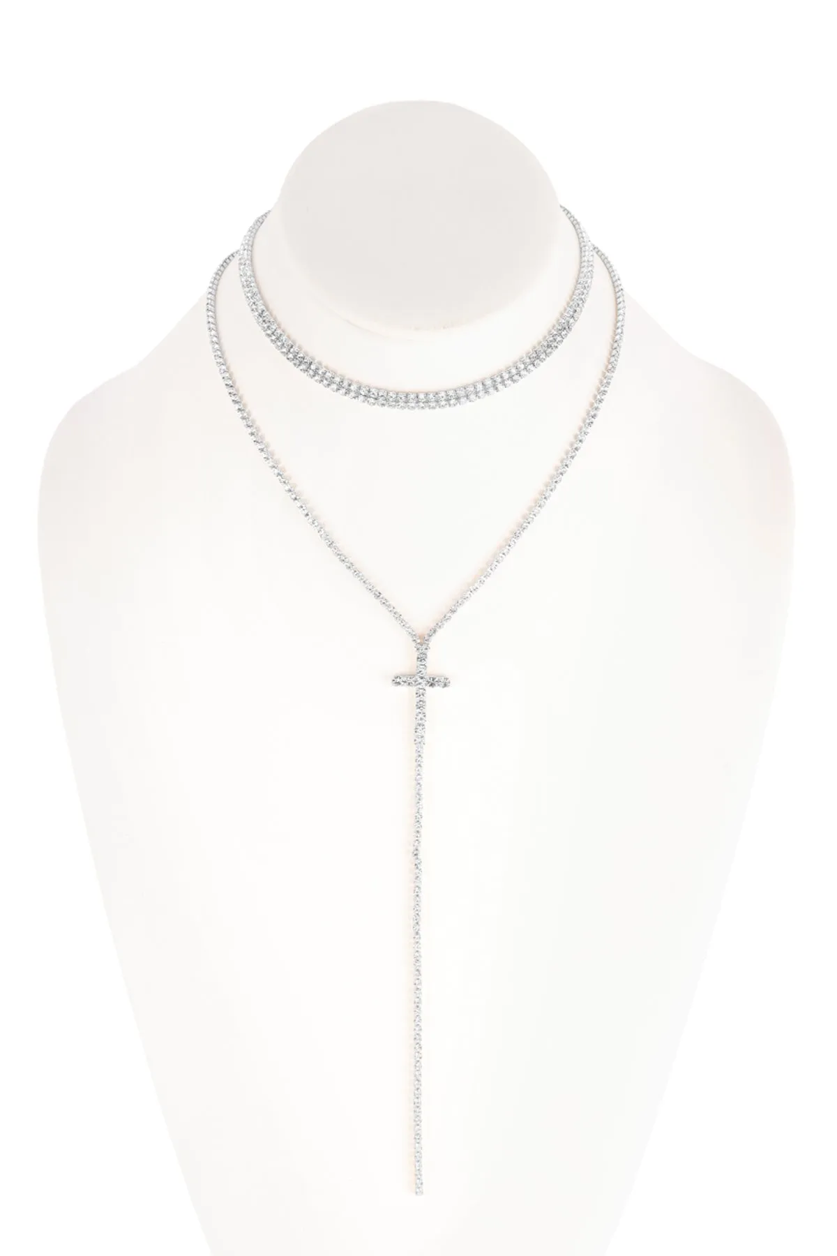 Cross 2 Layered Rhinestone Necklace Crystal Silver - Pack of 6