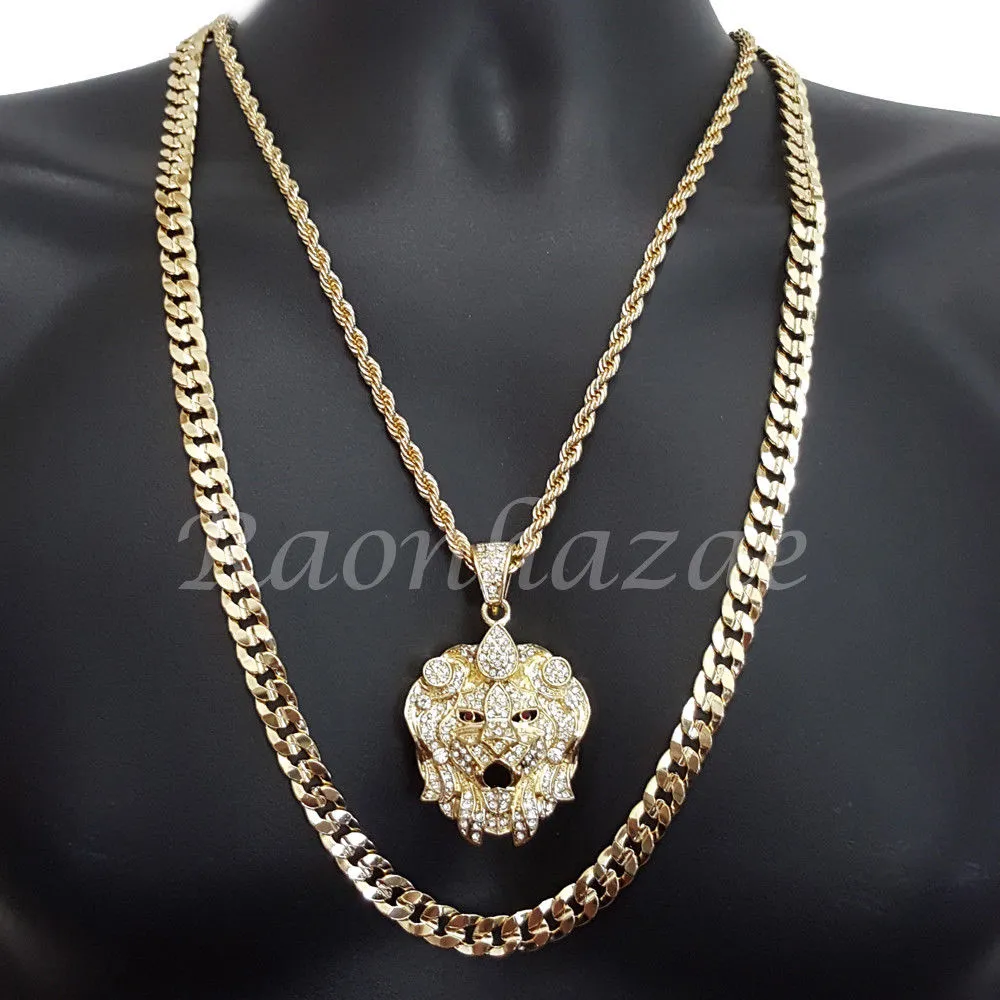 CROWN BEAST CHARM ROPE CHAIN DIAMOND CUT 30" CUBAN CHAIN NECKLACE SET 6