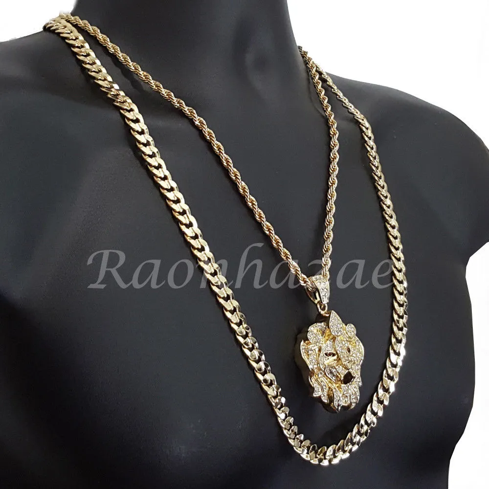 CROWN BEAST CHARM ROPE CHAIN DIAMOND CUT 30" CUBAN CHAIN NECKLACE SET 6