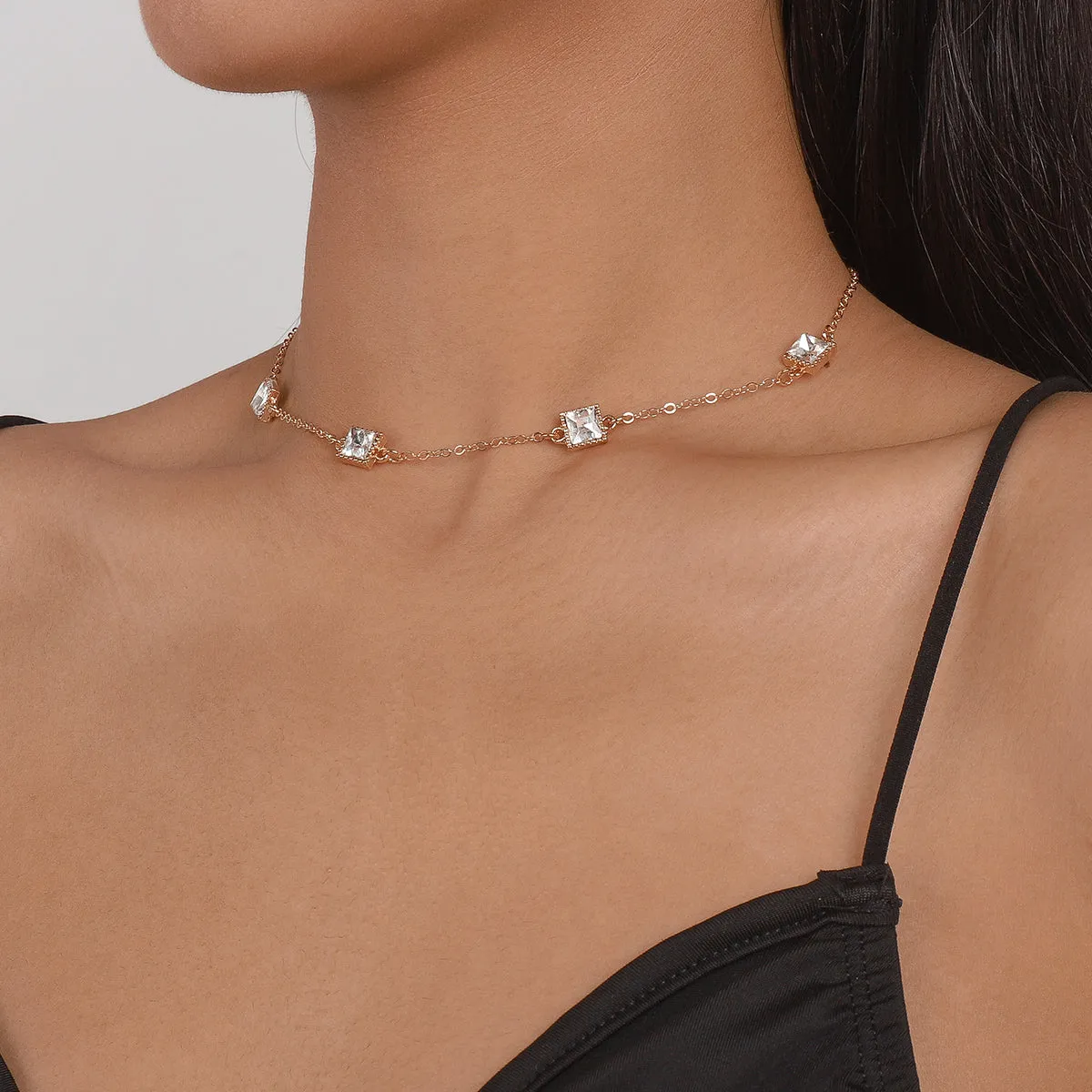 Crystal & 18K Gold-Plated Princess-Cut Station Necklace