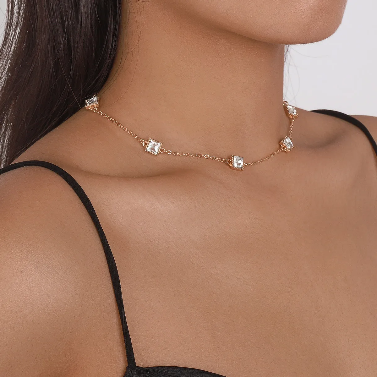 Crystal & 18K Gold-Plated Princess-Cut Station Necklace