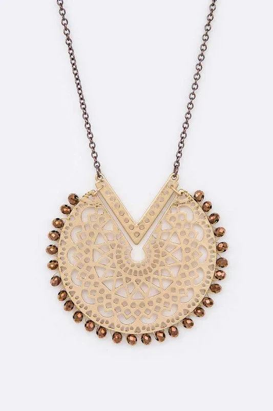 Crystal Beaded Cutout Pendant Long Necklace