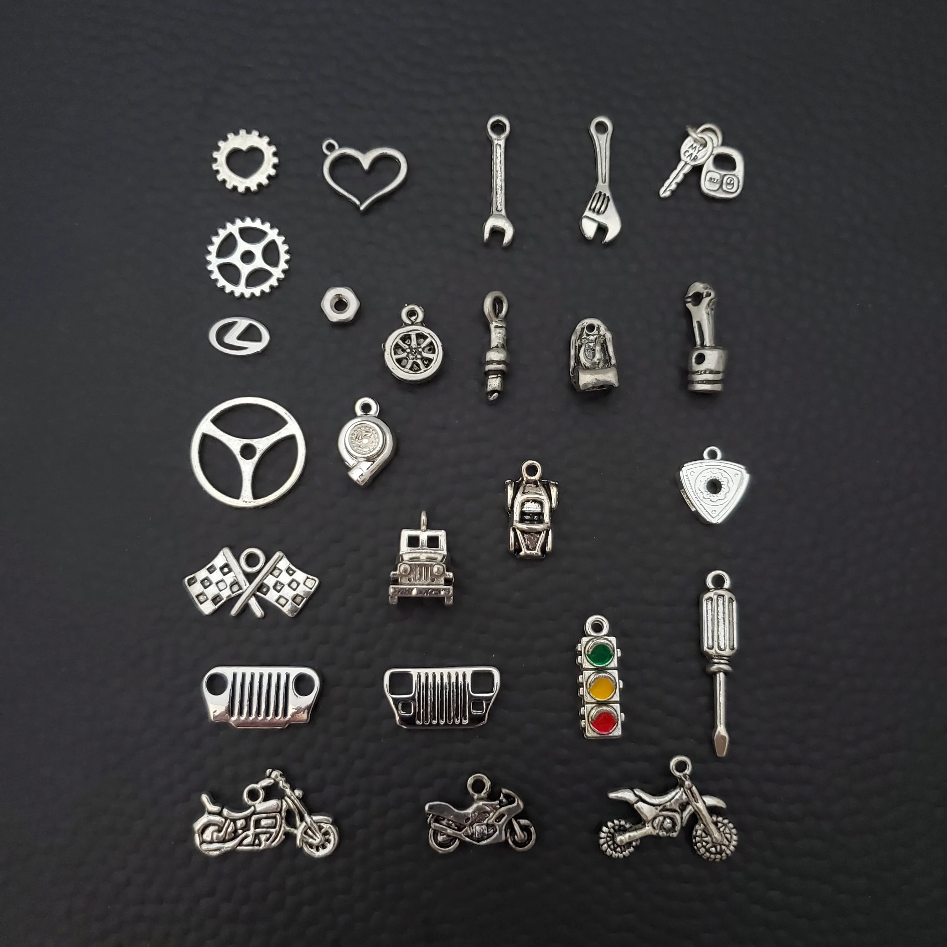 Crystal Heart & Car Part Lariat Necklace