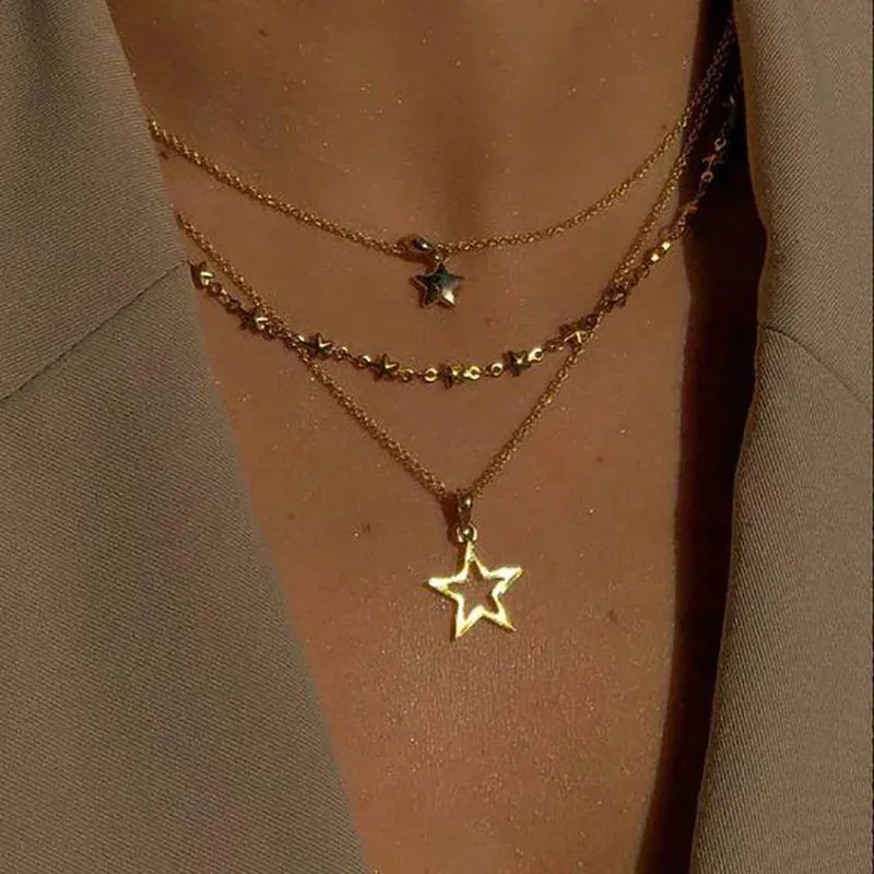 Crystal Zircon Heart Star Charm Layered Pendant Necklace Set for Women Charms Fashion Square Rhinestone Female Vintage Jewelry
