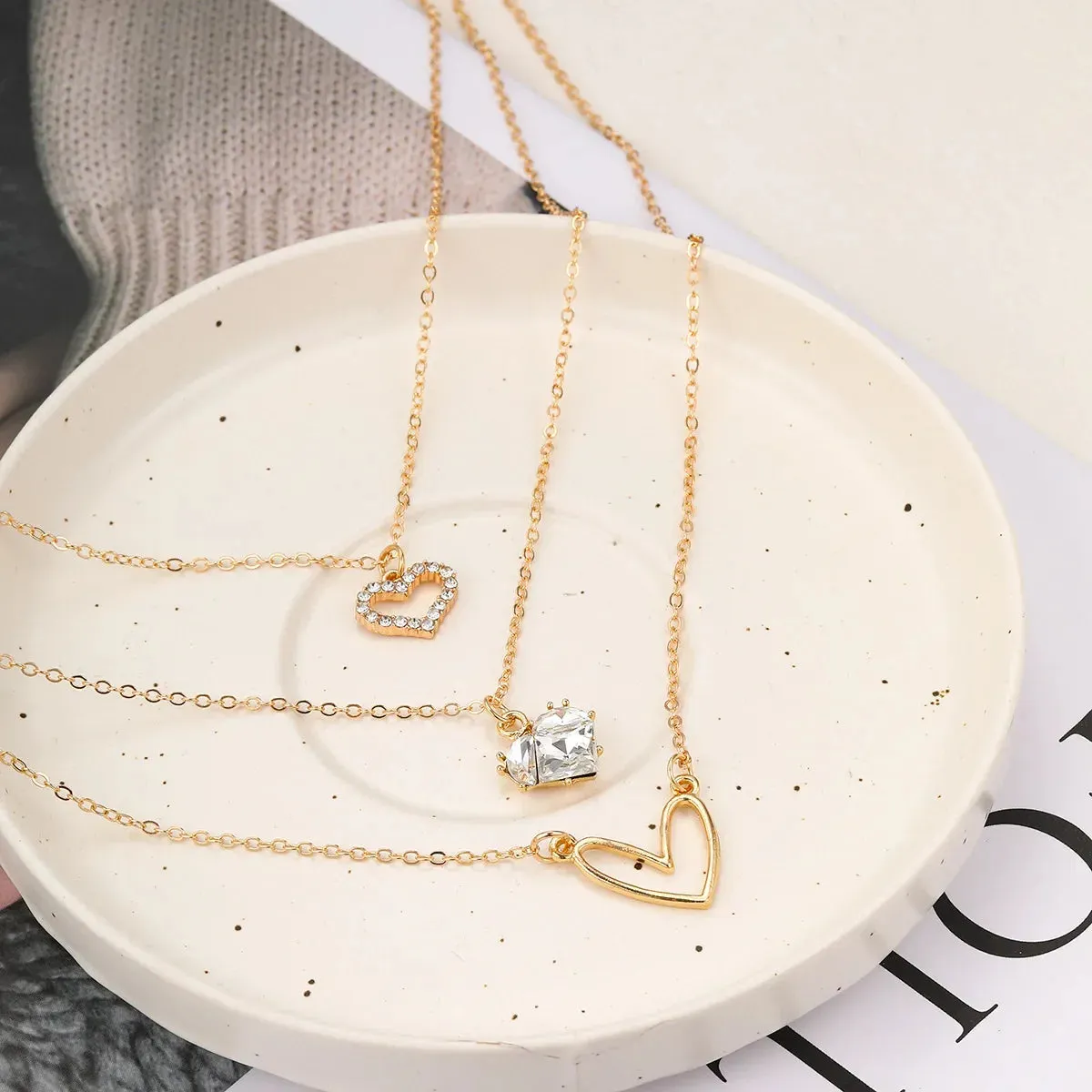 Crystal Zircon Heart Star Charm Layered Pendant Necklace Set for Women Charms Fashion Square Rhinestone Female Vintage Jewelry