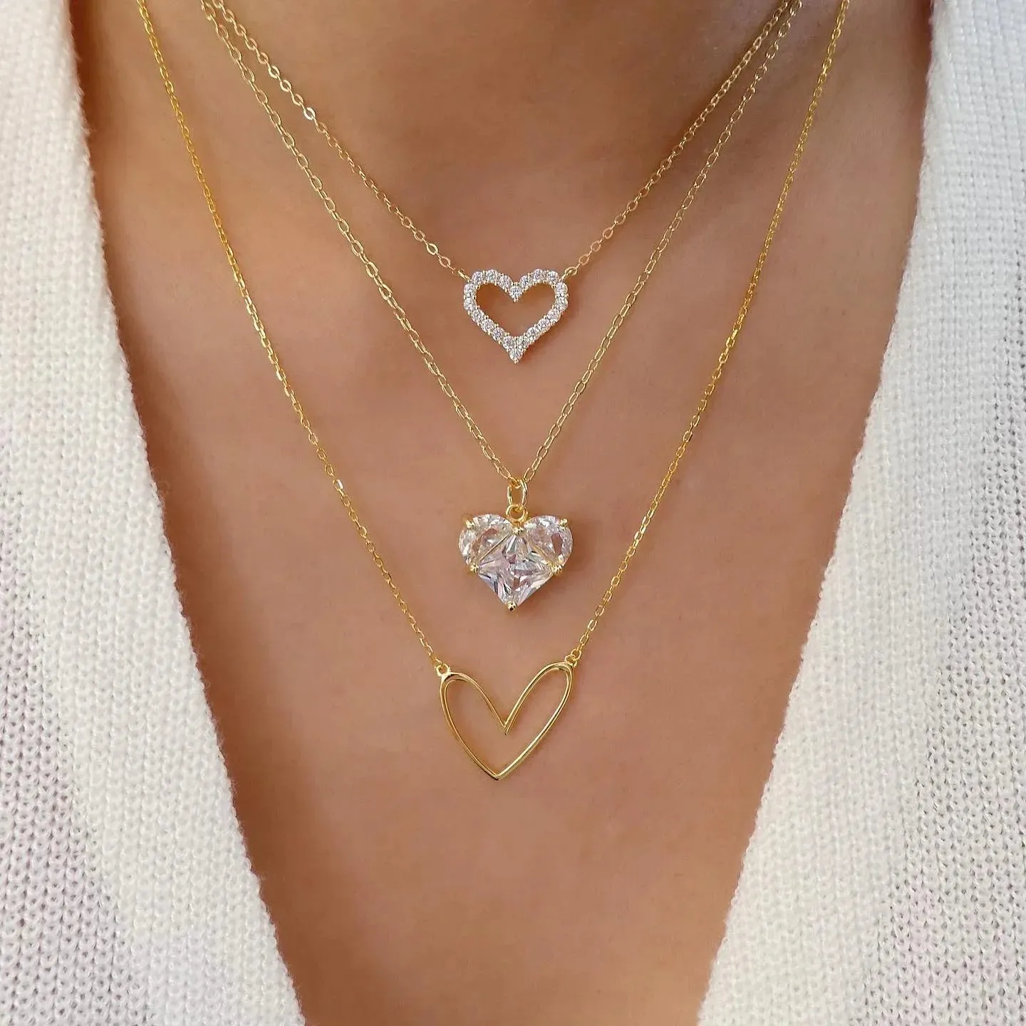 Crystal Zircon Heart Star Charm Layered Pendant Necklace Set for Women Charms Fashion Square Rhinestone Female Vintage Jewelry