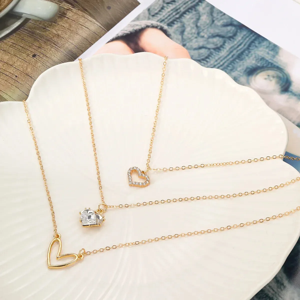 Crystal Zircon Heart Star Charm Layered Pendant Necklace Set for Women Charms Fashion Square Rhinestone Female Vintage Jewelry