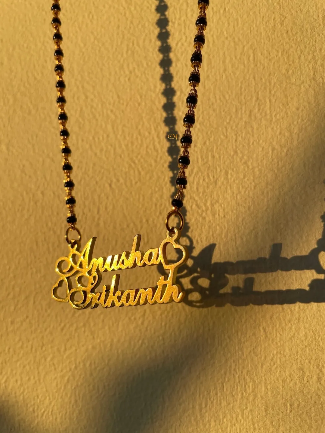 Cursive Name Long Mangalsutra Long Necklace With 2 Personalized Names Mini Hearts & Black Beaded Chain