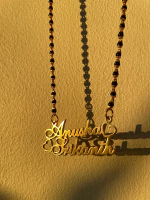 Cursive Name Long Mangalsutra Long Necklace With 2 Personalized Names Mini Hearts & Black Beaded Chain