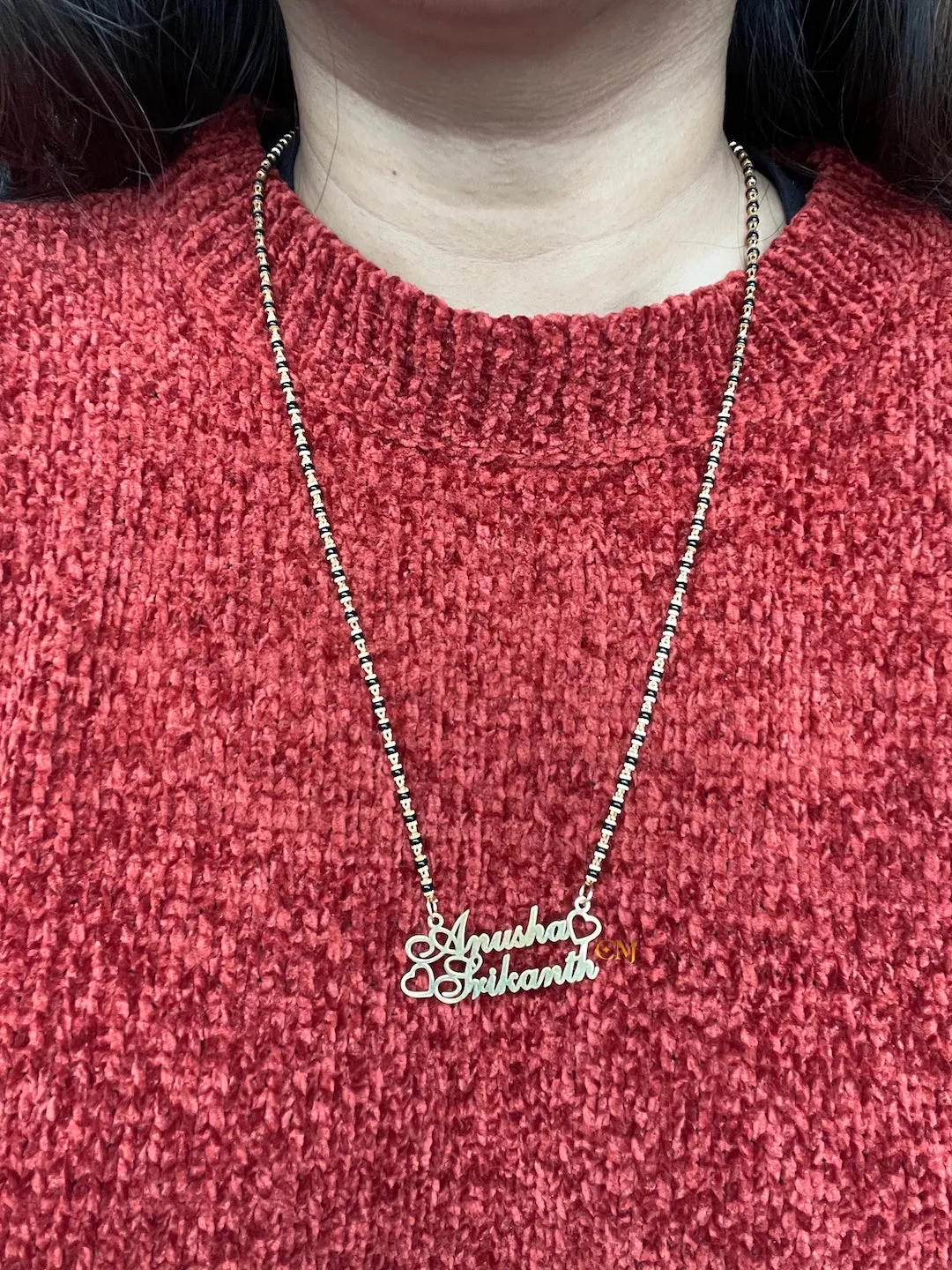Cursive Name Long Mangalsutra Long Necklace With 2 Personalized Names Mini Hearts & Black Beaded Chain