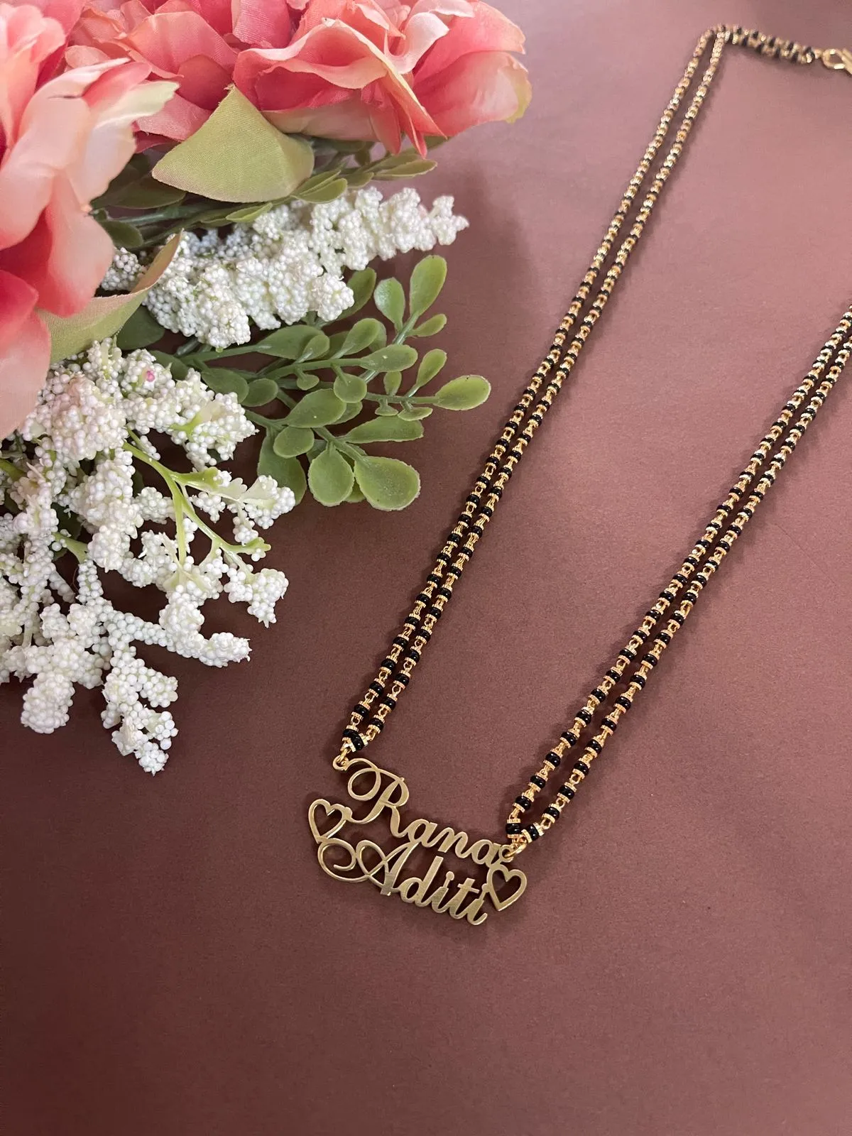 Cursive Name Long Mangalsutra Long Necklace With 2 Personalized Names Mini Hearts & Black Beaded Chain