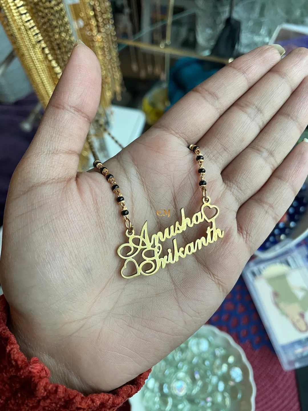 Cursive Name Long Mangalsutra Long Necklace With 2 Personalized Names Mini Hearts & Black Beaded Chain