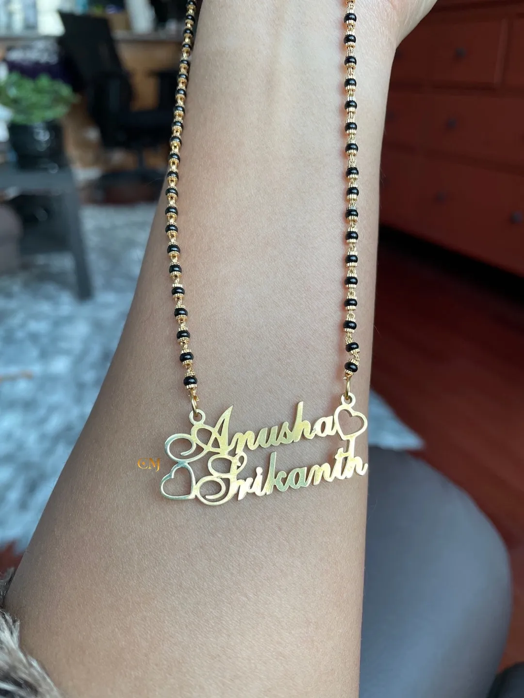 Cursive Name Long Mangalsutra Long Necklace With 2 Personalized Names Mini Hearts & Black Beaded Chain