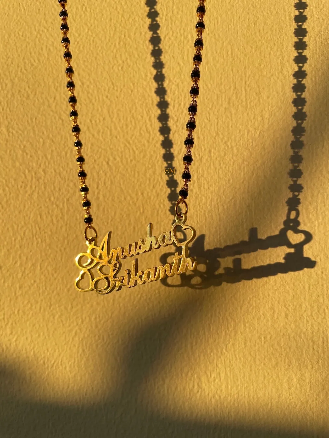Cursive Name Long Mangalsutra Long Necklace With 2 Personalized Names Mini Hearts & Black Beaded Chain