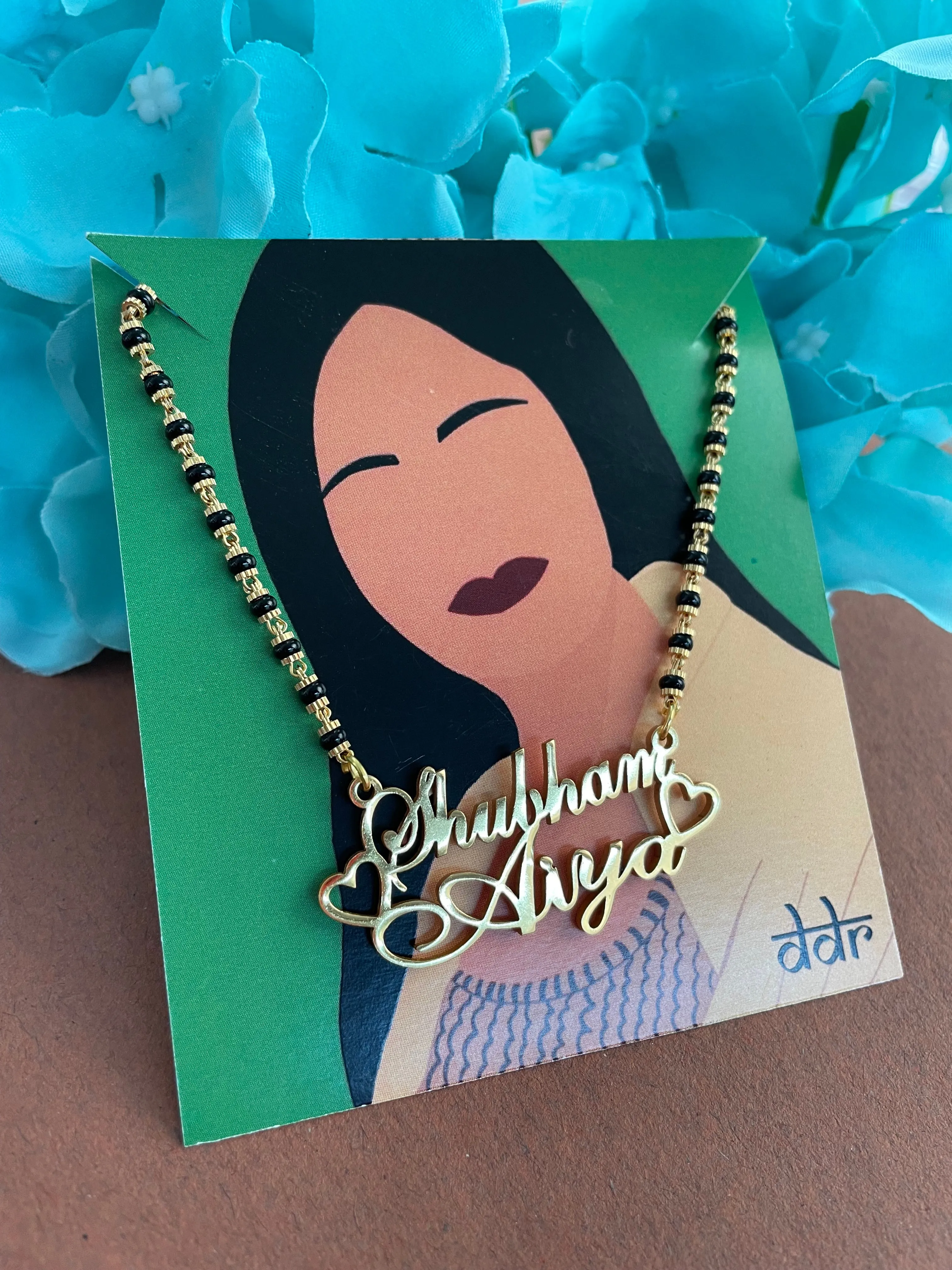 Cursive Name Long Mangalsutra Long Necklace With 2 Personalized Names Mini Hearts & Black Beaded Chain