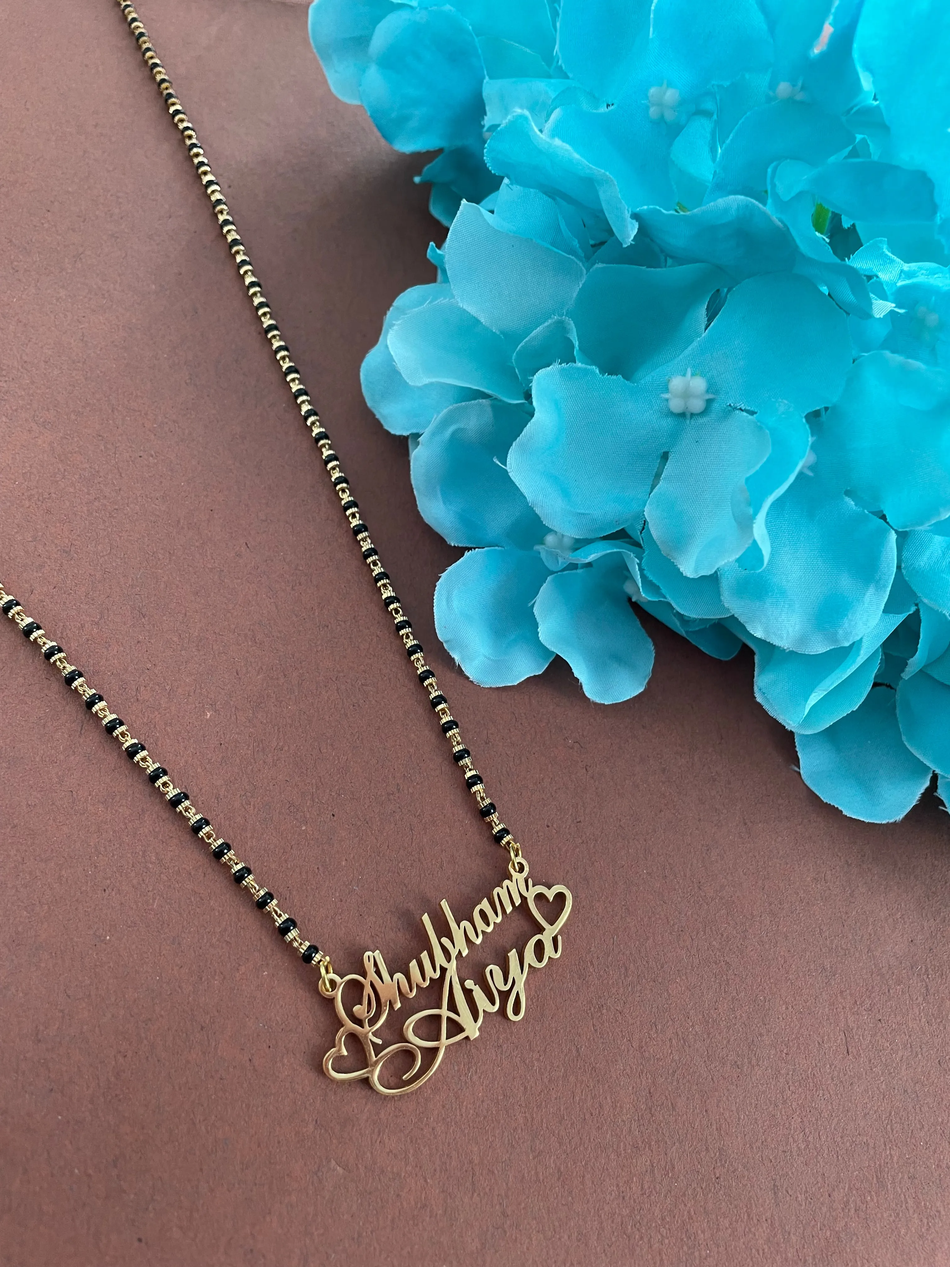 Cursive Name Long Mangalsutra Long Necklace With 2 Personalized Names Mini Hearts & Black Beaded Chain