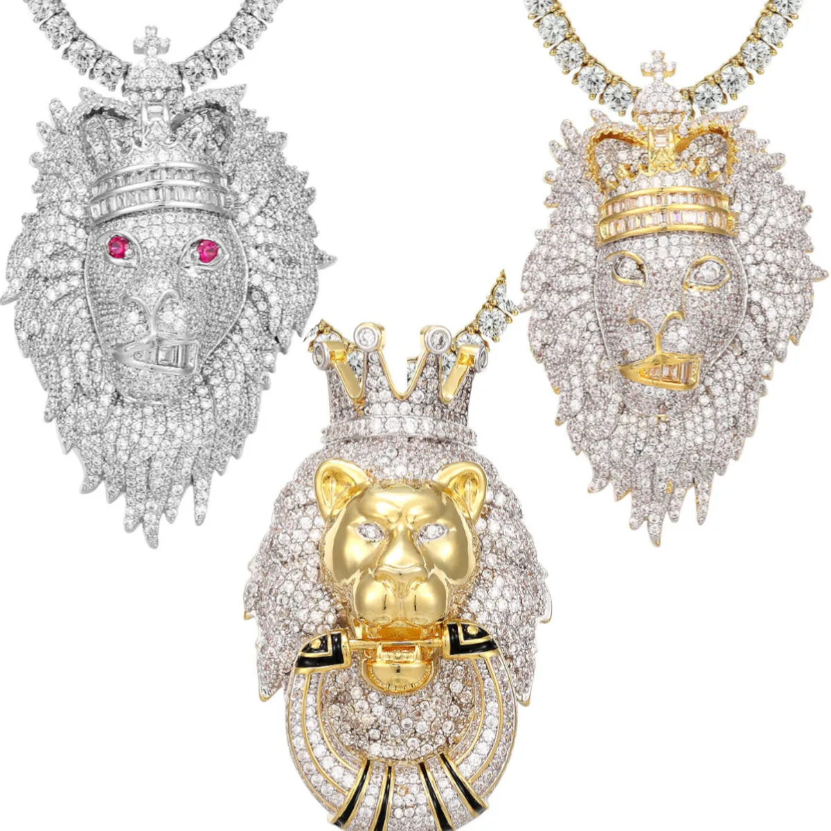 Custom Animal King Lion Face  Simulated Diamond With Chain