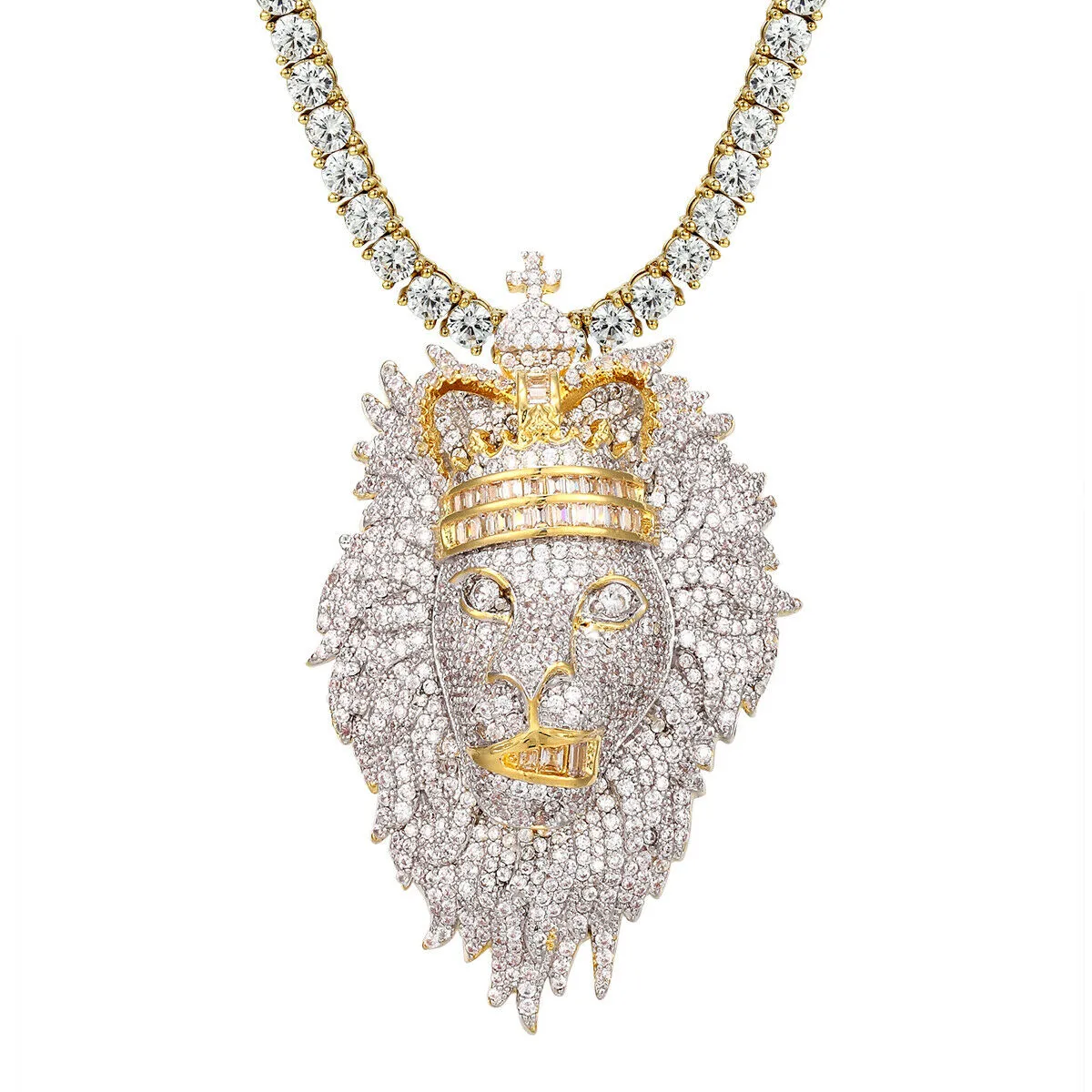 Custom Animal King Lion Face  Simulated Diamond With Chain