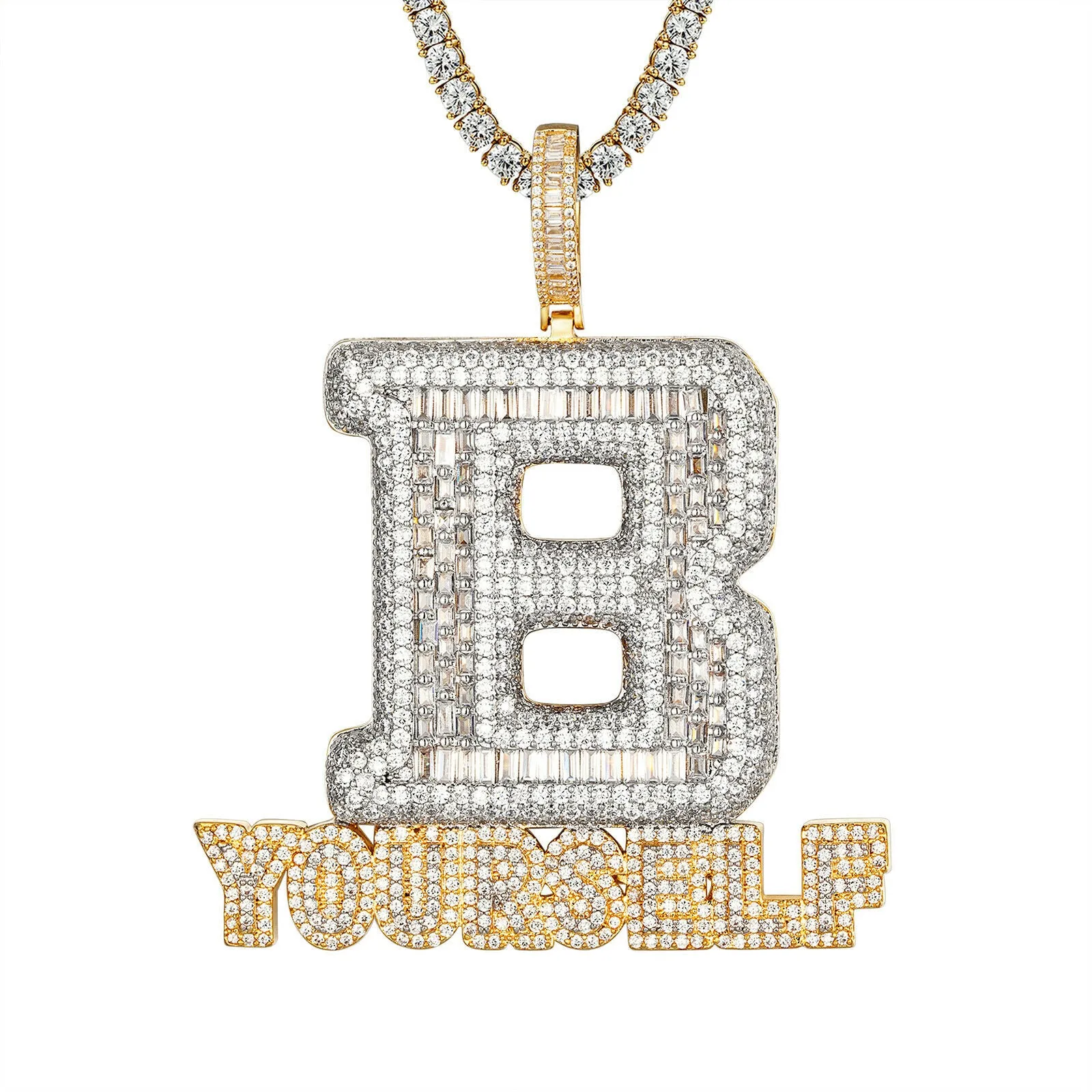 Custom B Yourself Baguette Simulated Diamond With Chain