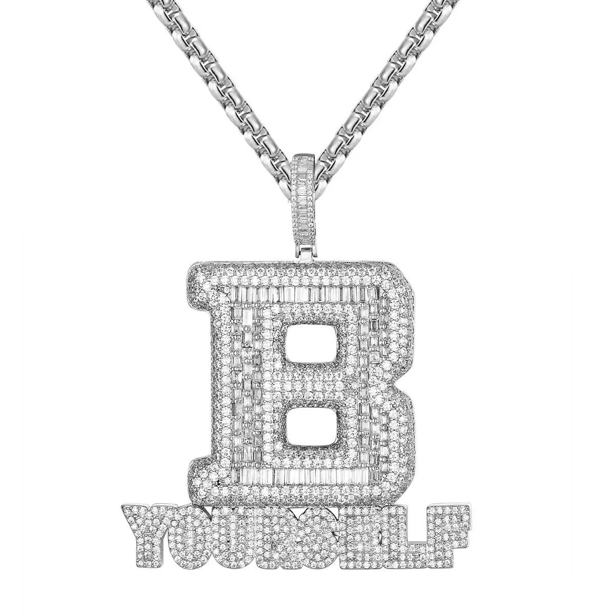 Custom B Yourself Baguette Simulated Diamond With Chain