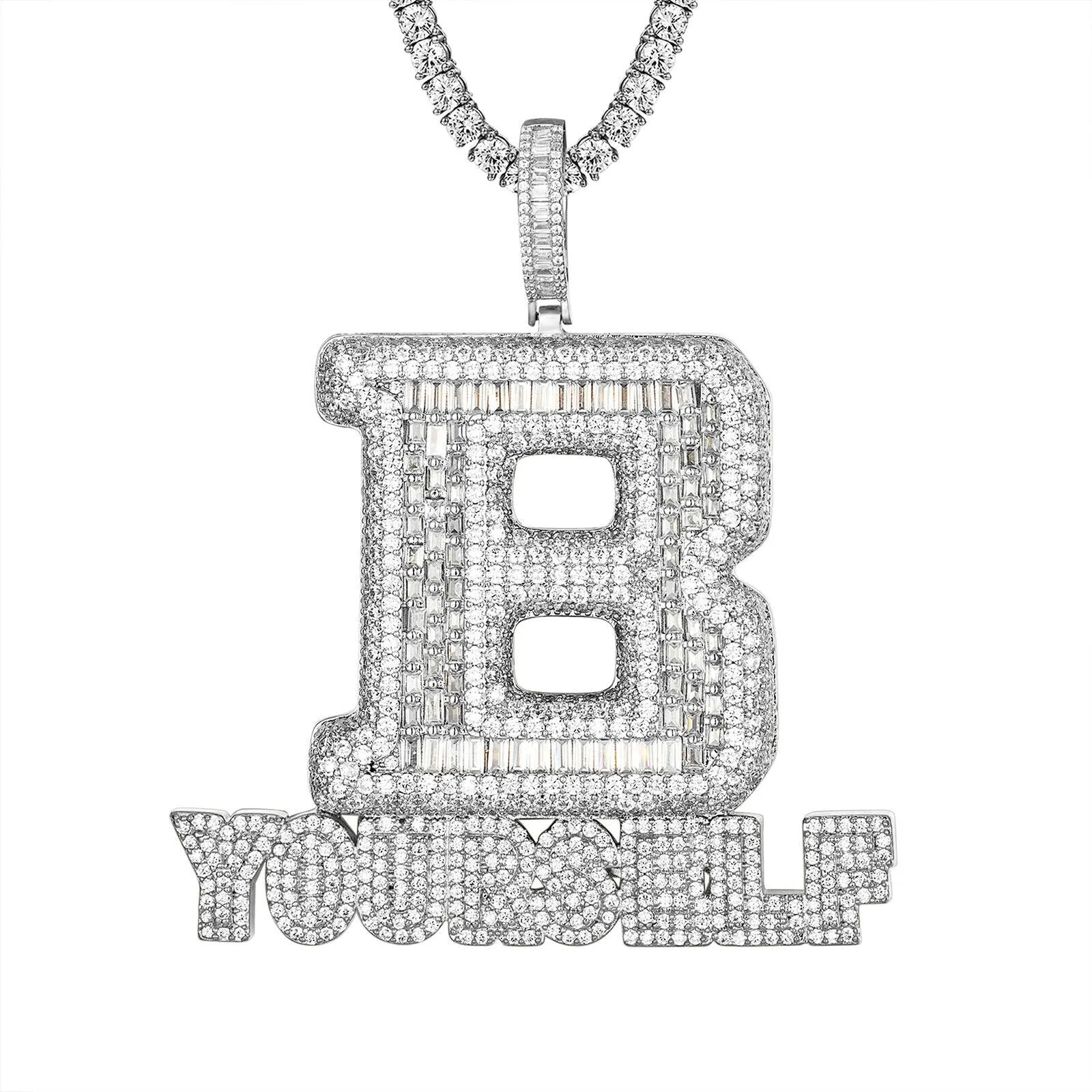 Custom B Yourself Baguette Simulated Diamond With Chain