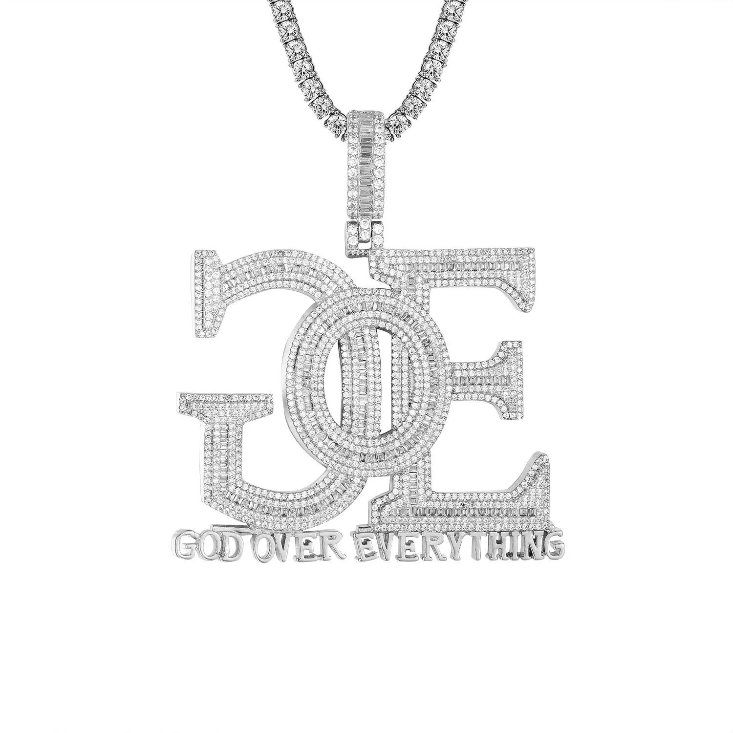 Custom GOE God Over Everything Simulated Diamond  Pendant With Chain