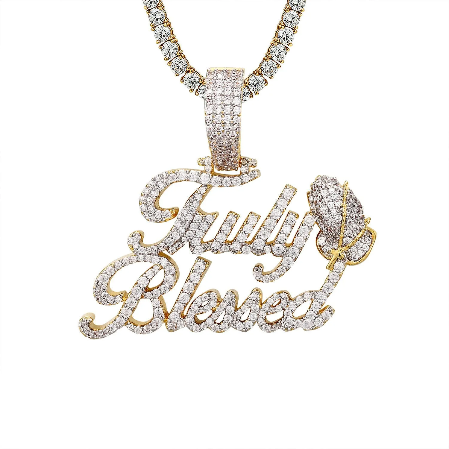 Custom Truly Blessed Paying Hands Simulated Diamond  Pendant With Chain