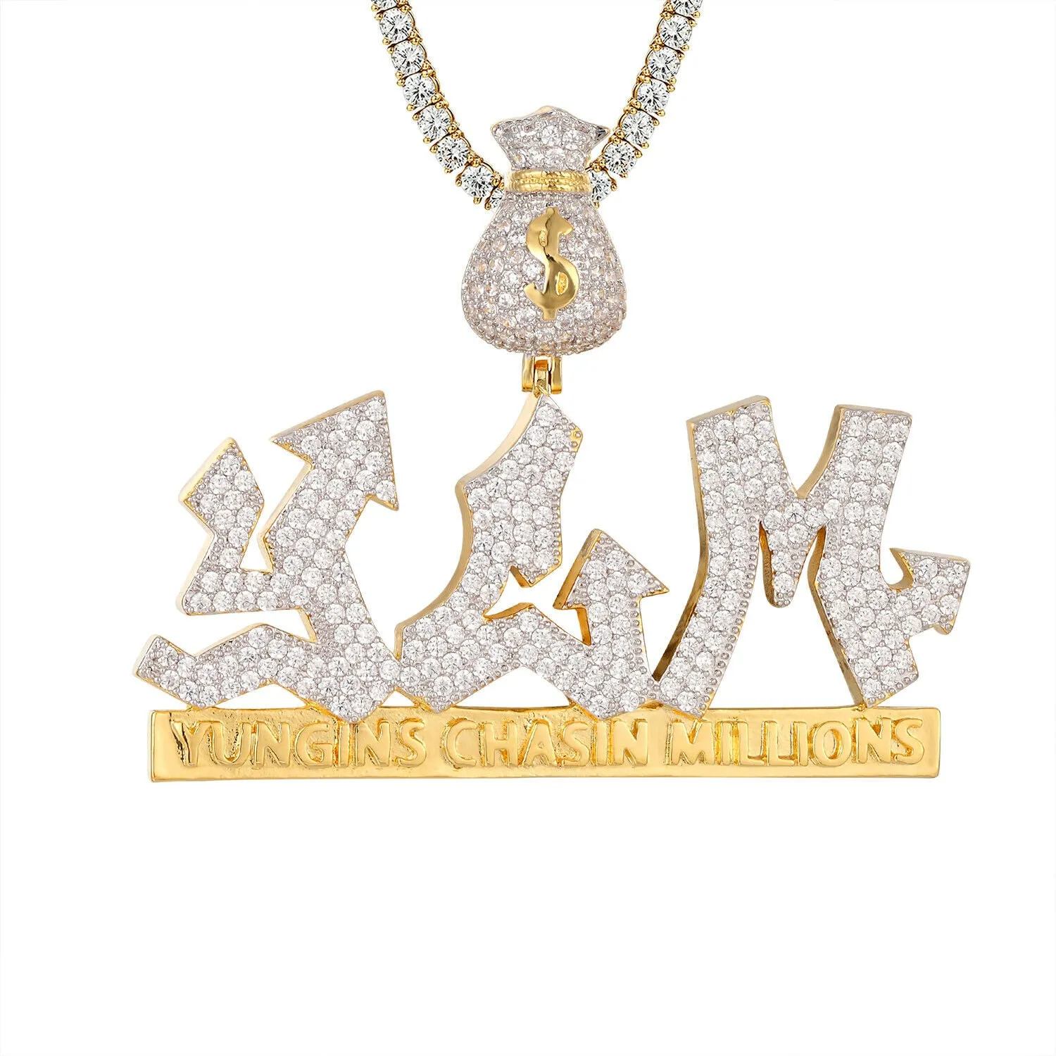 Custom Yungins Chasing Millions Simulated Diamond  Pendant With Chain