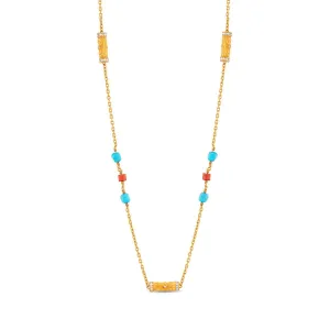 Cylinder Necklace with Diamond, Coral and Turquoise