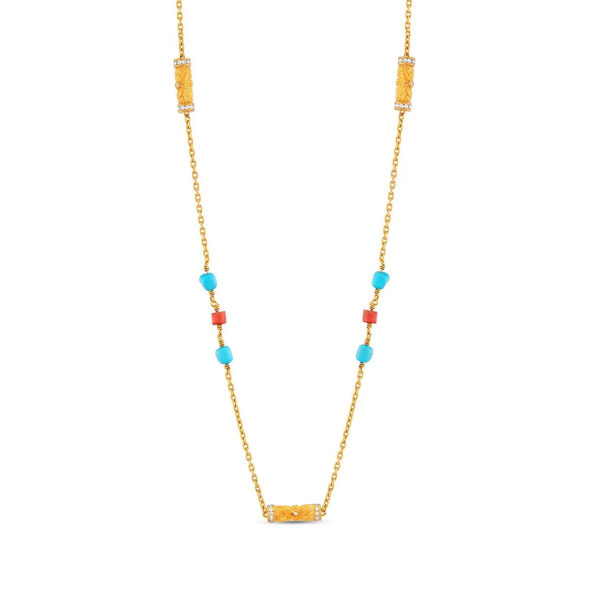 Cylinder Necklace with Diamond, Coral and Turquoise
