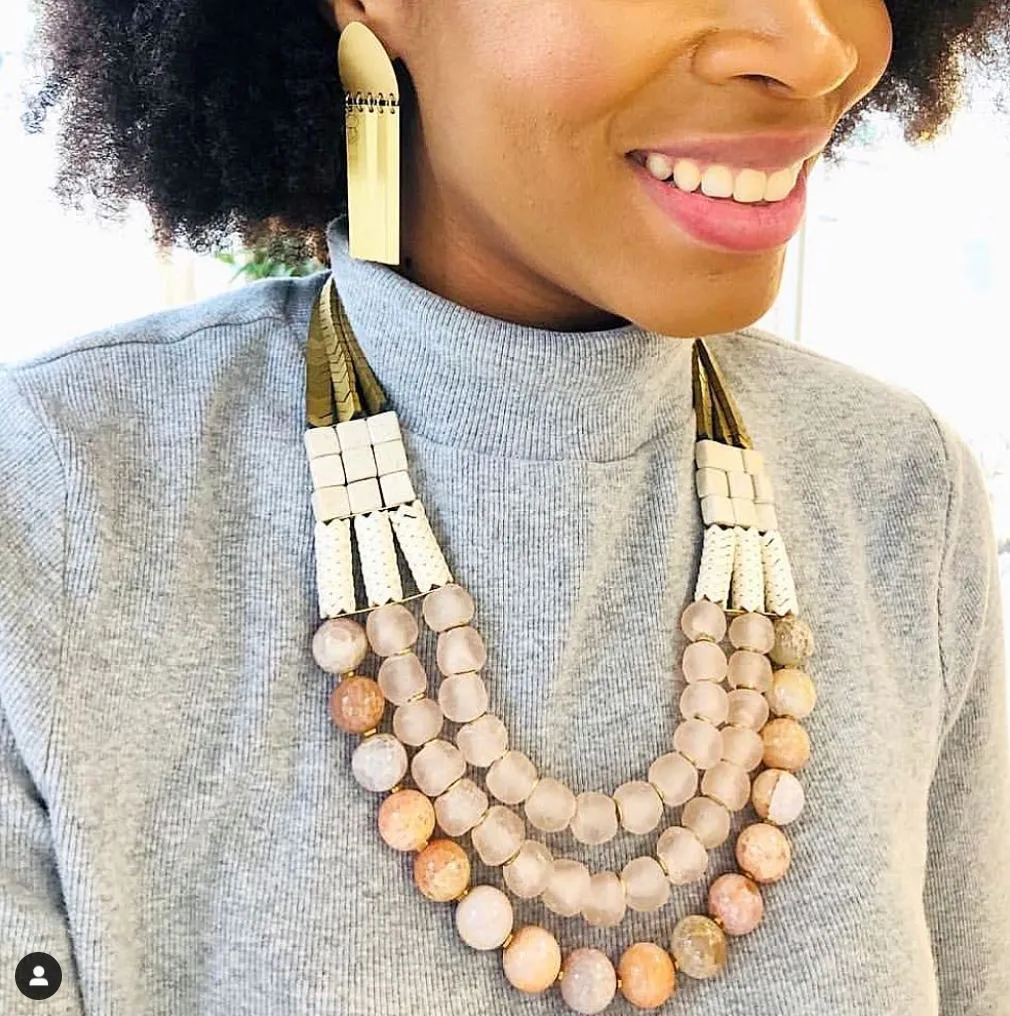 David Aubrey™ Triple Strand Hematite & Ghanaian Beads Statement Necklace