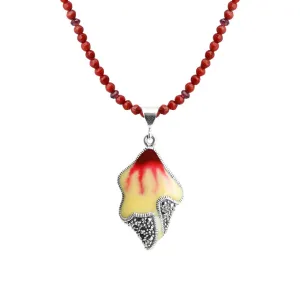 Delicate Flower with Marcasite Trim on Crimson Coral Neckline Sterling Silver Necklace *