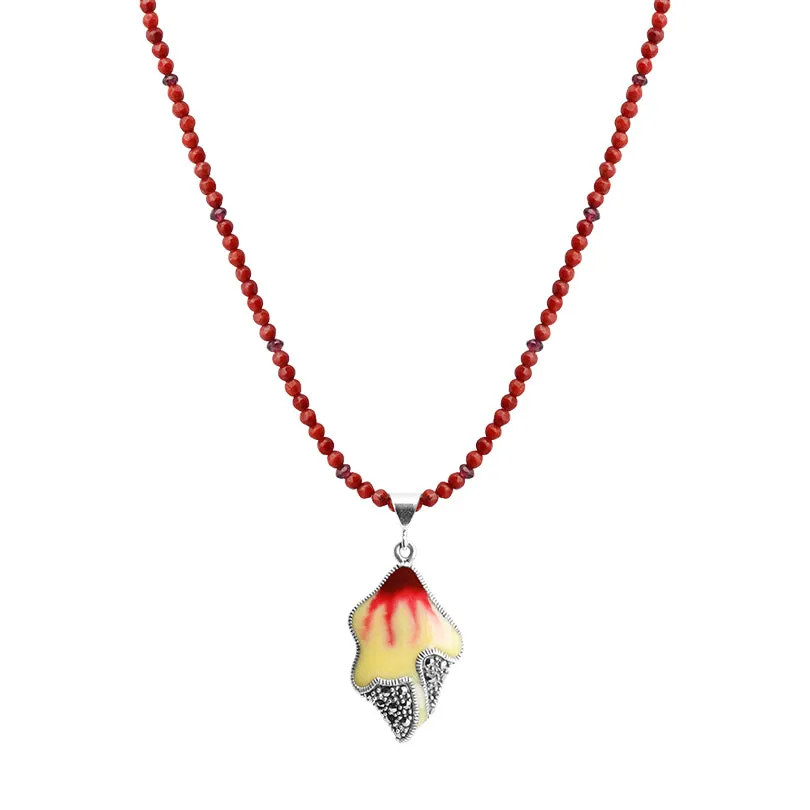 Delicate Flower with Marcasite Trim on Crimson Coral Neckline Sterling Silver Necklace *