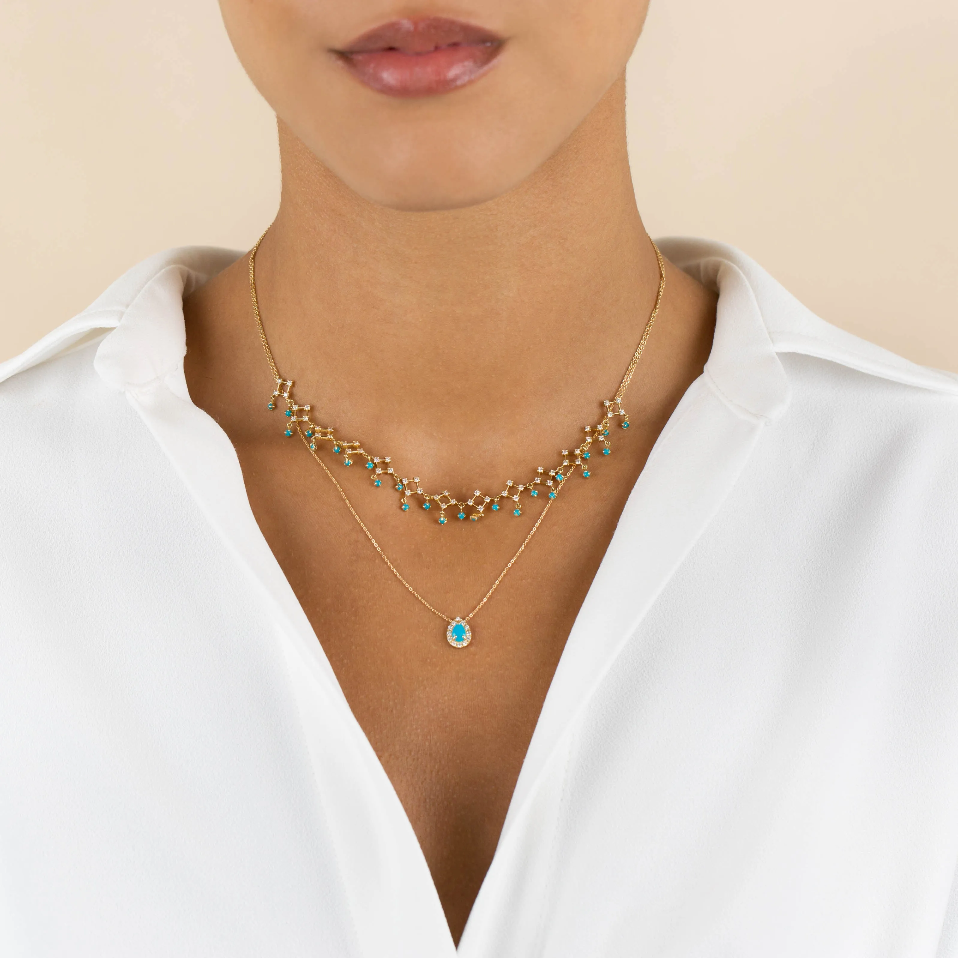 Diamond X Turquoise Pear Necklace 14K