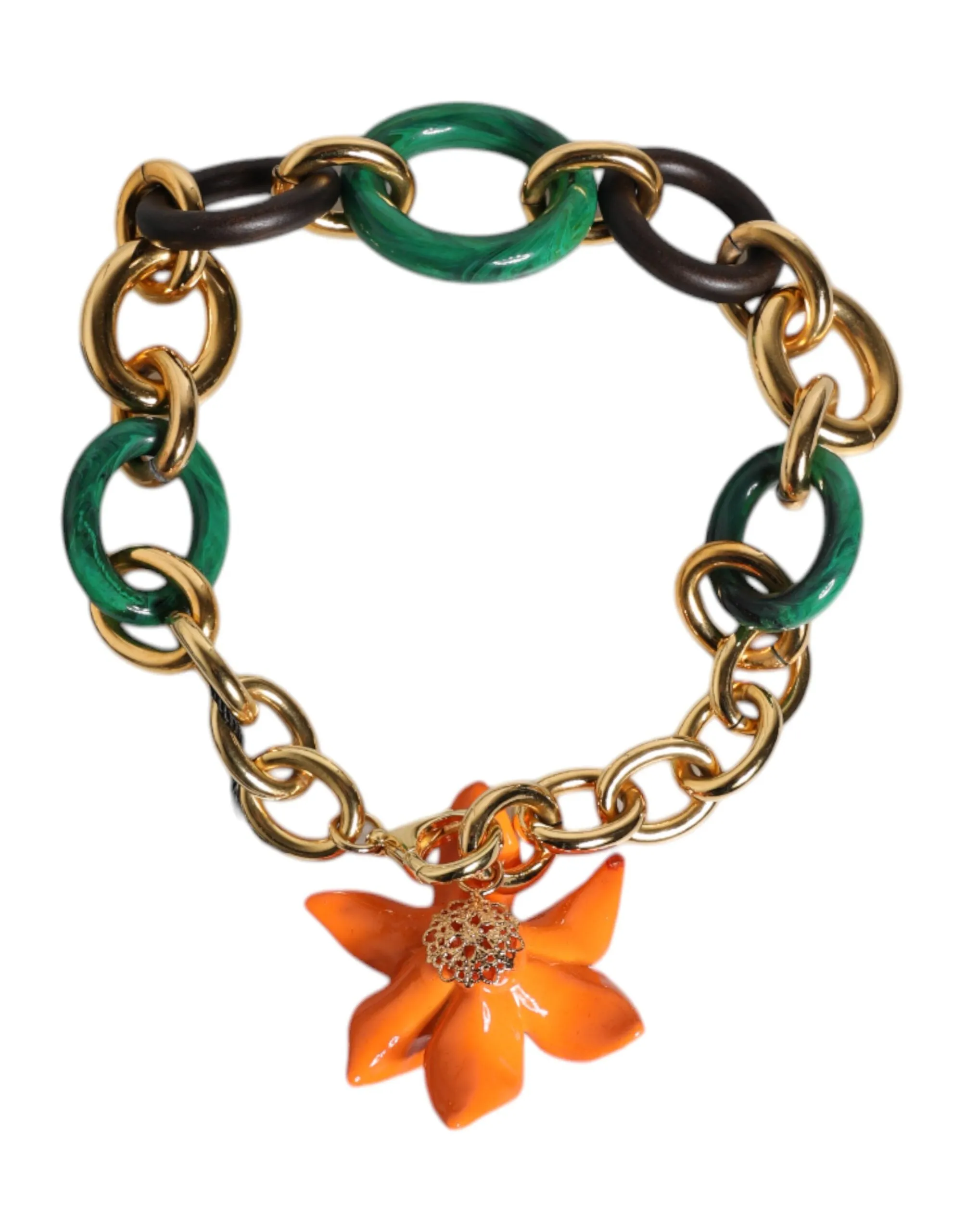 Dolce & Gabbana Multicolor Gold Brass Orange Lily Floral Chain Necklace