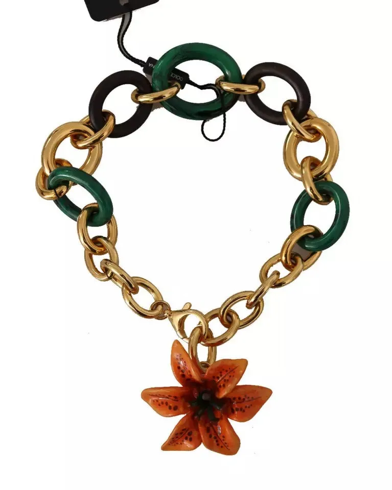 Dolce & Gabbana Multicolor Gold Orange Lily Floral Chain Necklace