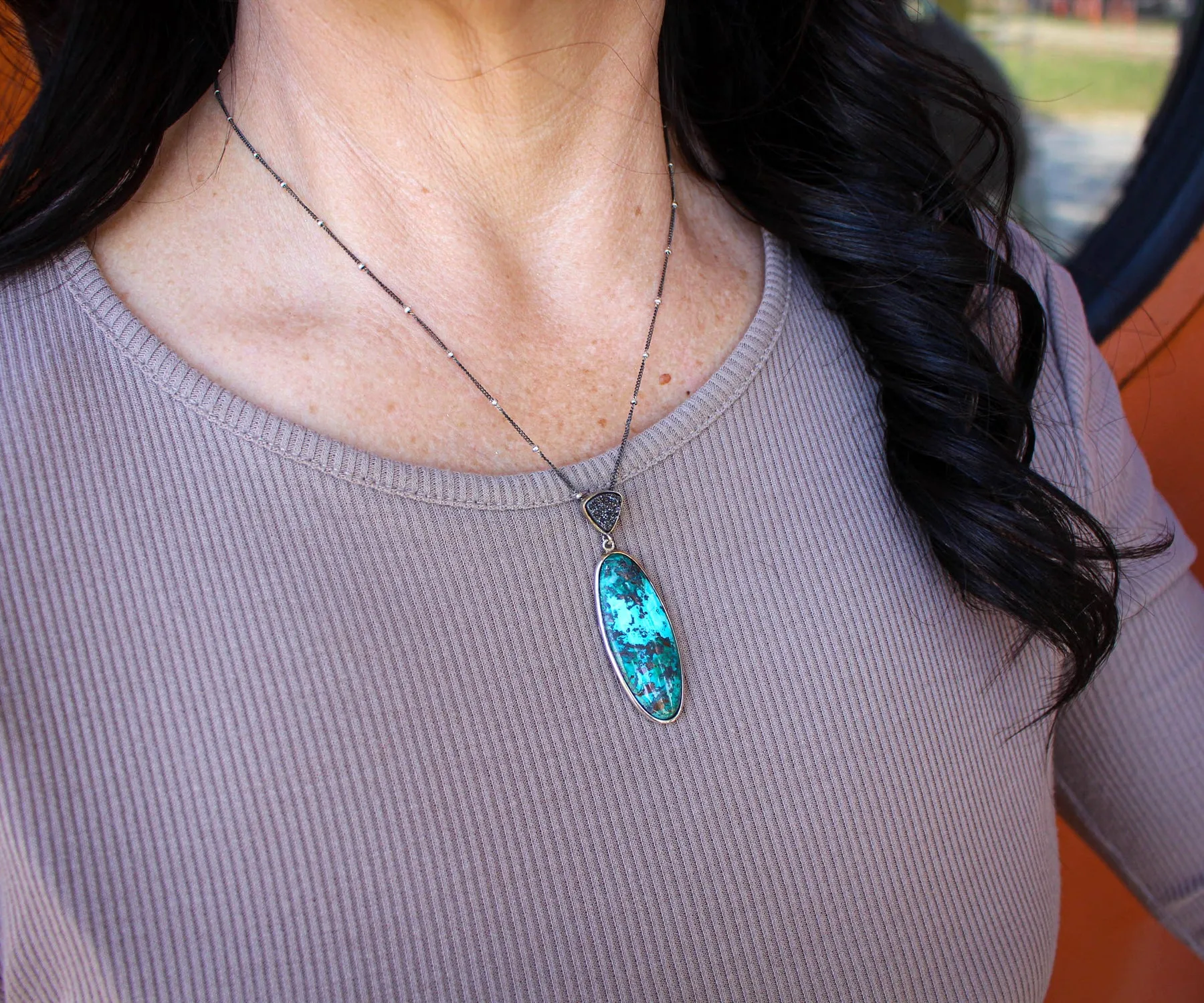 Double Drop Chrysocolla Black Druzy Necklace