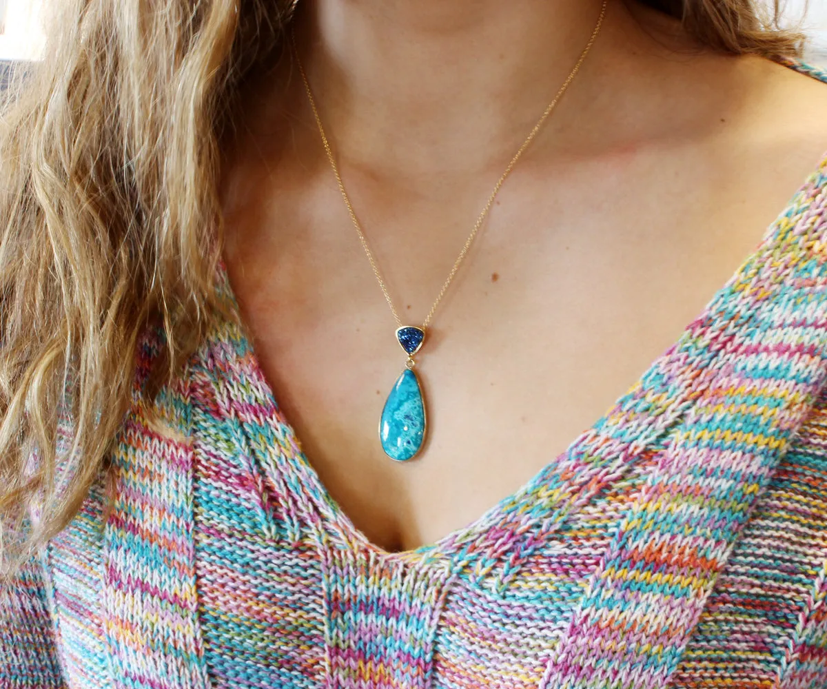 Double Drop Chrysocolla Blue Druzy Gold Necklace
