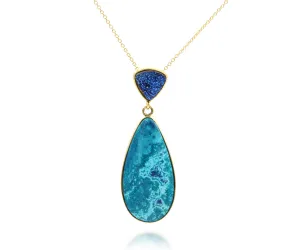 Double Drop Chrysocolla Blue Druzy Gold Necklace