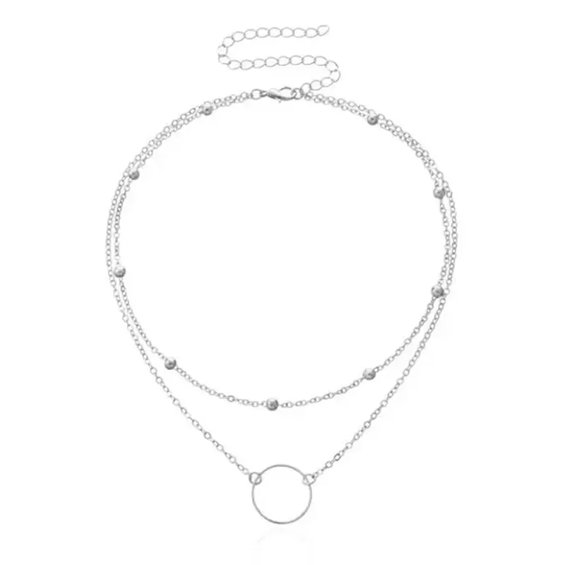 Double Layer Beaded Ring Round Circle Pendant Necklaces