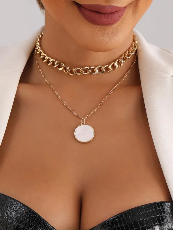 Double-layer geometric round white mother-of-pearl pendant necklace necklace metal thick aluminum chain necklace