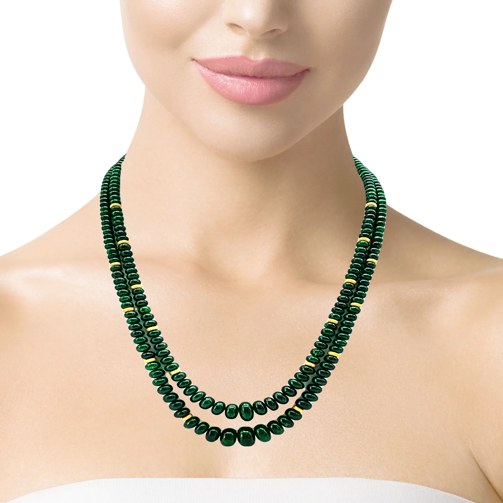 Double Strand of Emerald Disc Beads, Necklace with Yellow Gold Spacers