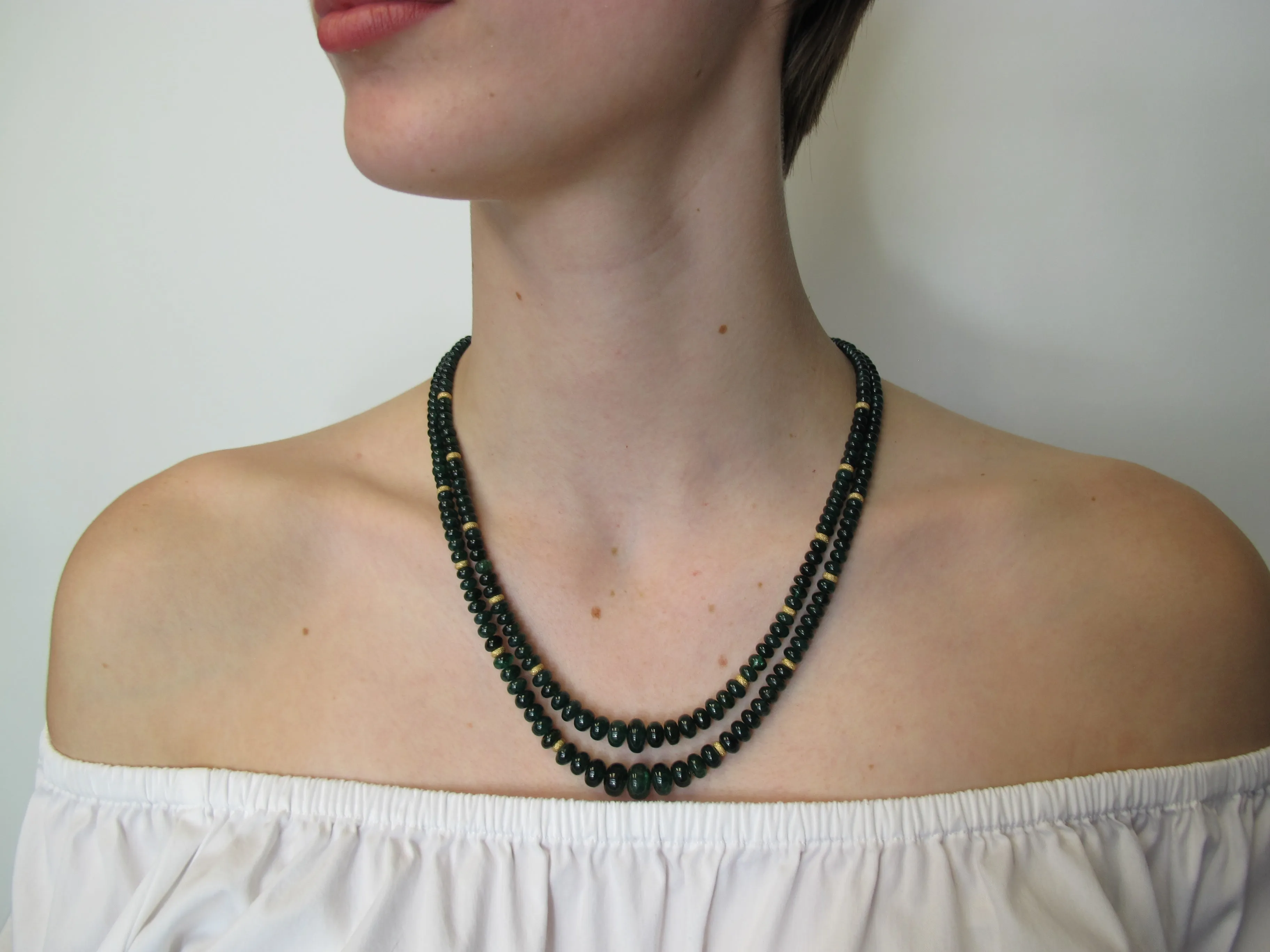 Double Strand of Emerald Disc Beads, Necklace with Yellow Gold Spacers