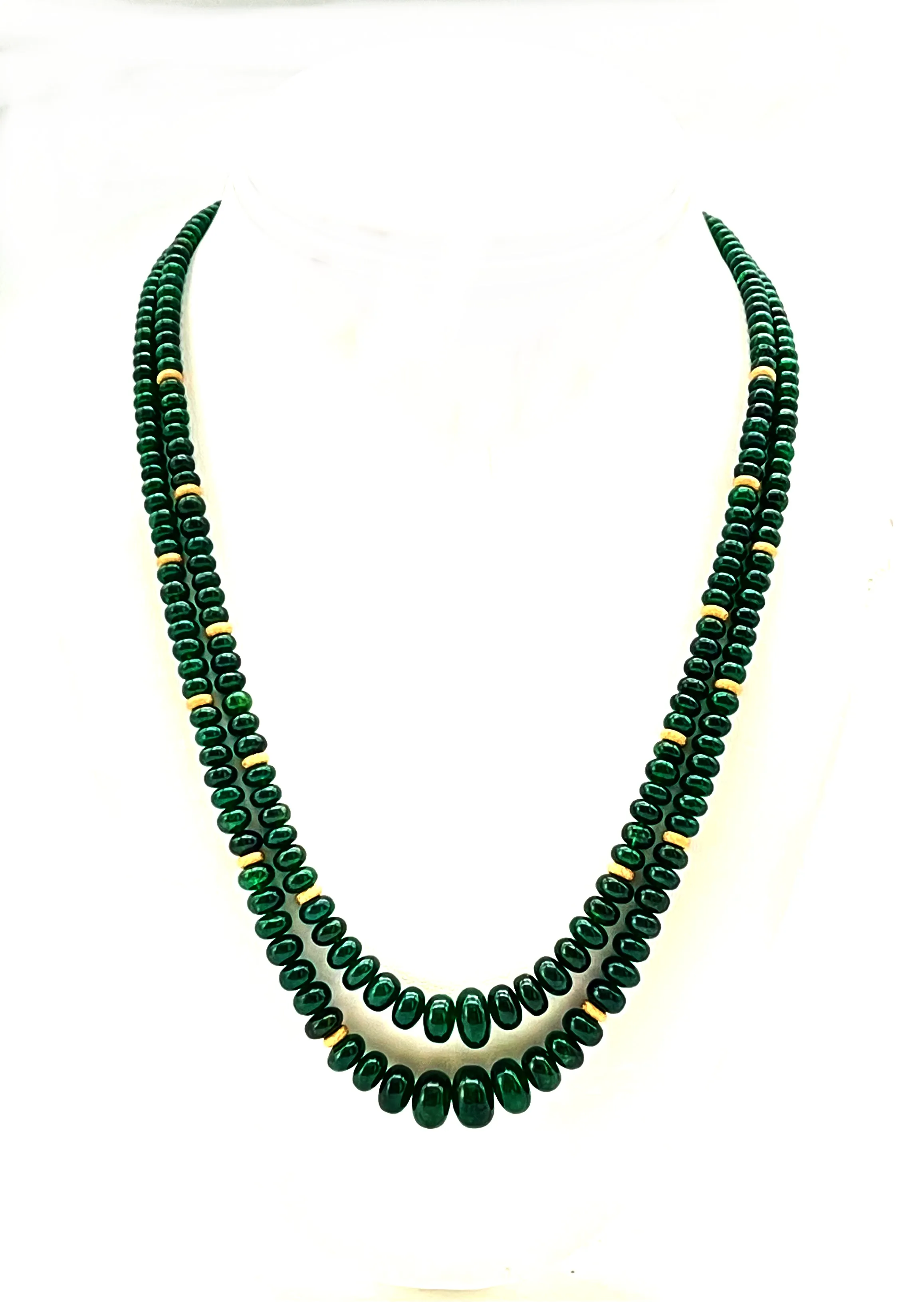 Double Strand of Emerald Disc Beads, Necklace with Yellow Gold Spacers